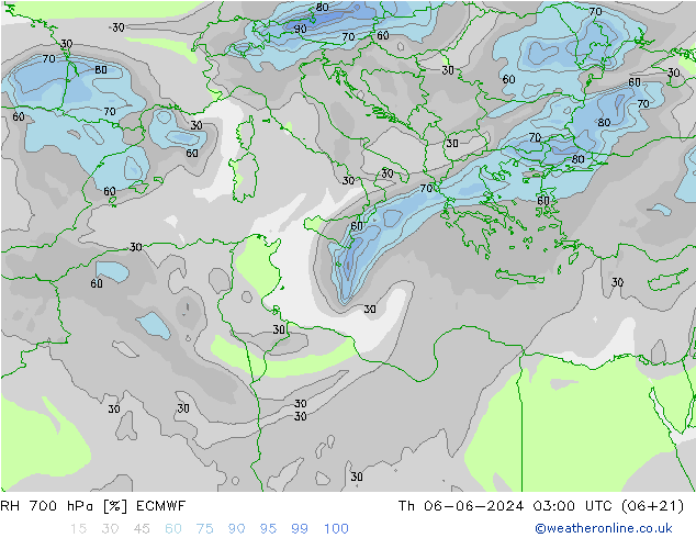 RH 700 hPa ECMWF Th 06.06.2024 03 UTC