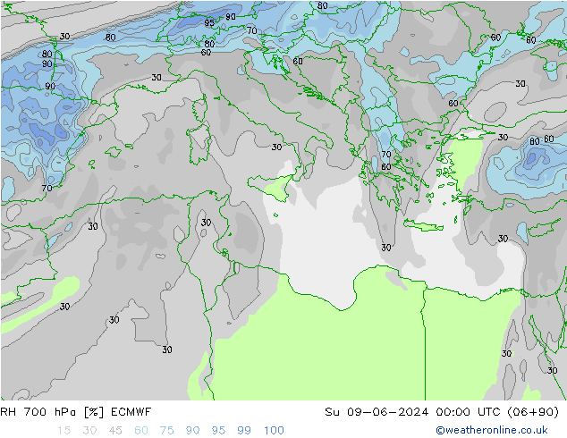 Humedad rel. 700hPa ECMWF dom 09.06.2024 00 UTC