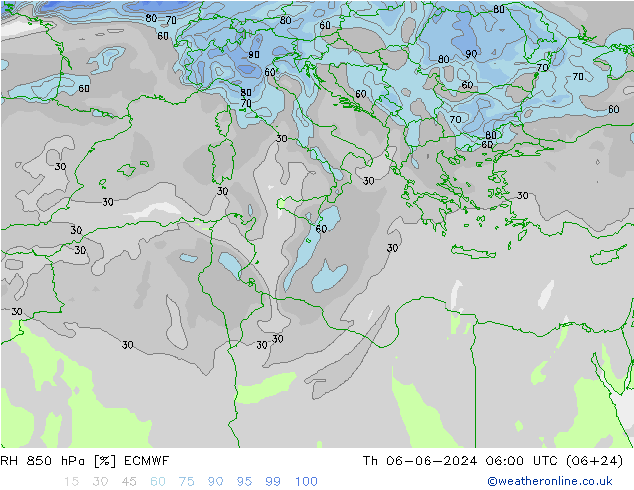 Humedad rel. 850hPa ECMWF jue 06.06.2024 06 UTC