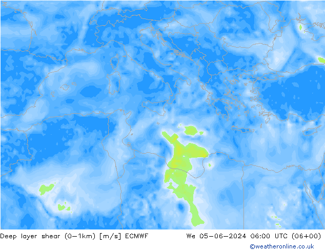 Deep layer shear (0-1km) ECMWF wo 05.06.2024 06 UTC