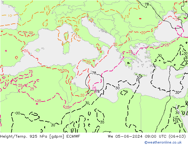 Height/Temp. 925 hPa ECMWF St 05.06.2024 09 UTC