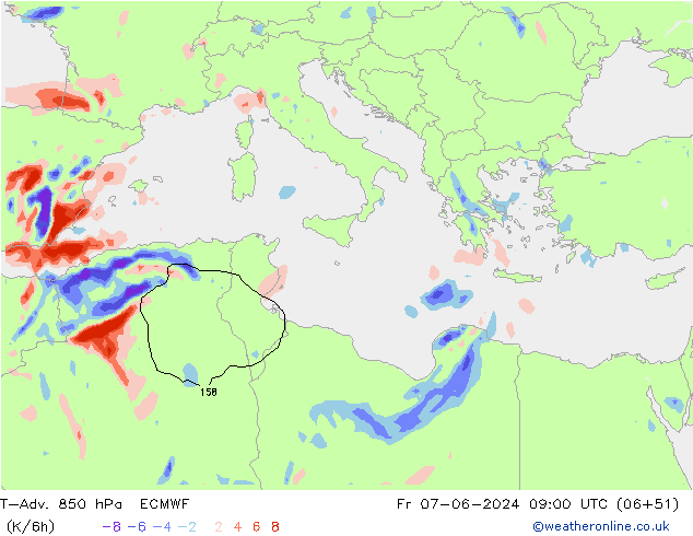 T-Adv. 850 hPa ECMWF ven 07.06.2024 09 UTC