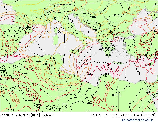 Theta-e 700hPa ECMWF gio 06.06.2024 00 UTC