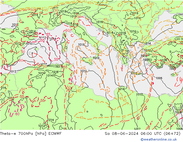 Theta-e 700hPa ECMWF sab 08.06.2024 06 UTC