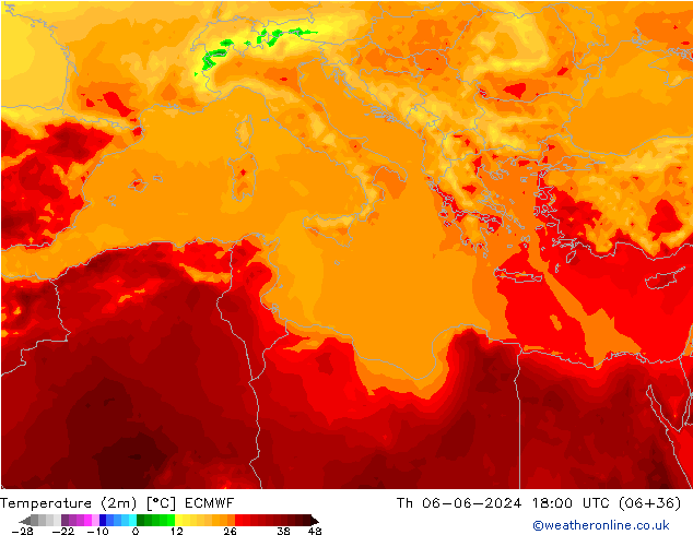 Sıcaklık Haritası (2m) ECMWF Per 06.06.2024 18 UTC