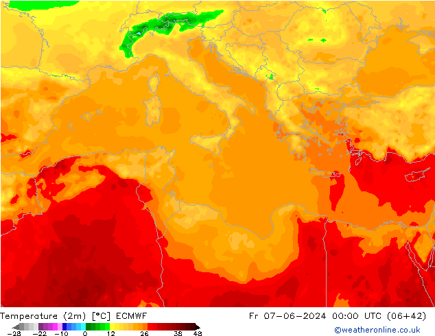 Temperature (2m) ECMWF Fr 07.06.2024 00 UTC