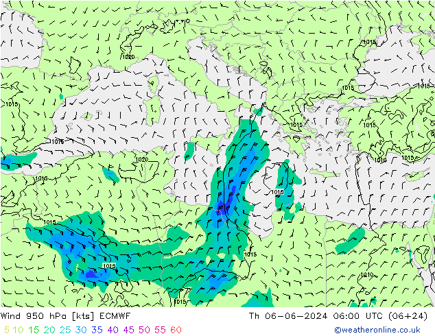 Wind 950 hPa ECMWF Do 06.06.2024 06 UTC