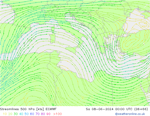 ветер 500 гПа ECMWF сб 08.06.2024 00 UTC