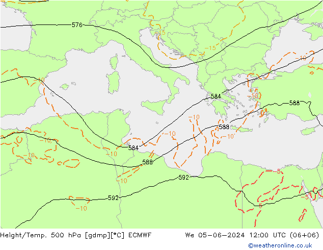 Z500/Rain (+SLP)/Z850 ECMWF Mi 05.06.2024 12 UTC