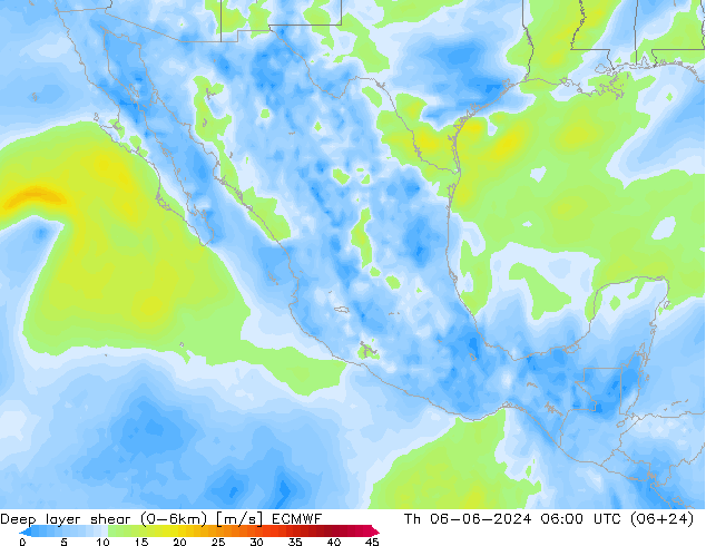 Deep layer shear (0-6km) ECMWF Do 06.06.2024 06 UTC