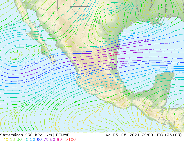 Linia prądu 200 hPa ECMWF śro. 05.06.2024 09 UTC