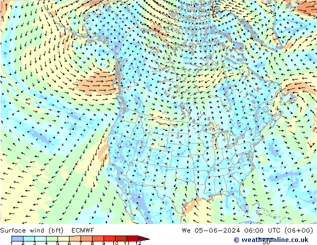 wiatr 10 m (bft) ECMWF śro. 05.06.2024 06 UTC