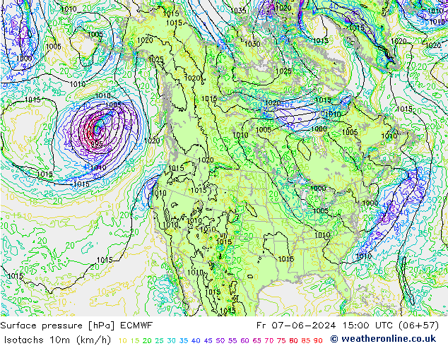 Isotachs (kph) ECMWF Fr 07.06.2024 15 UTC