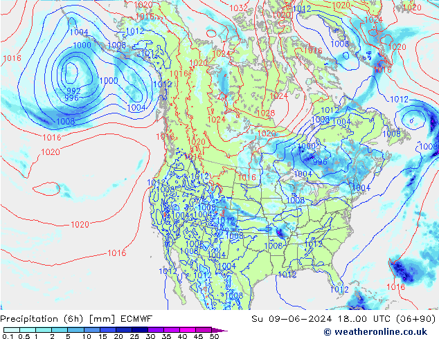 Precipitation (6h) ECMWF Su 09.06.2024 00 UTC