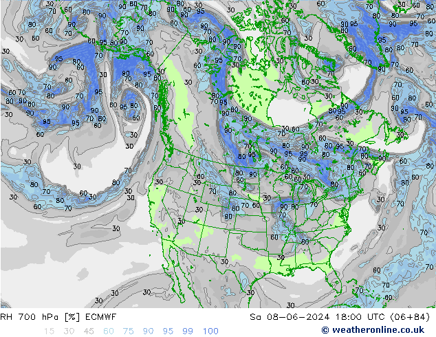 Humidité rel. 700 hPa ECMWF sam 08.06.2024 18 UTC