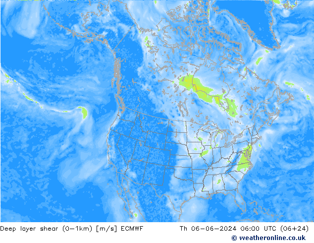 Deep layer shear (0-1km) ECMWF jeu 06.06.2024 06 UTC