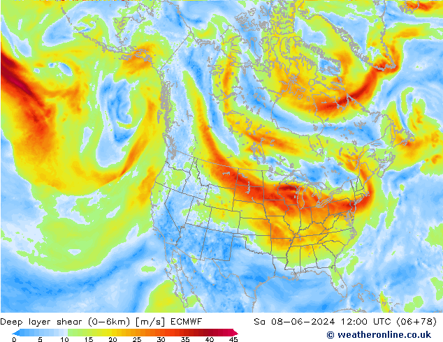 Deep layer shear (0-6km) ECMWF za 08.06.2024 12 UTC