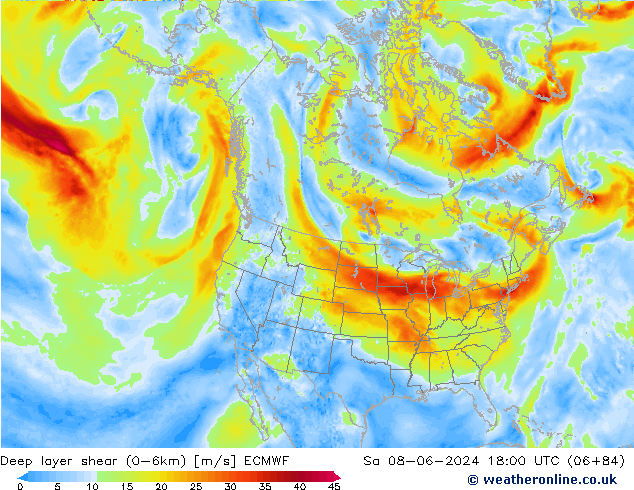 Deep layer shear (0-6km) ECMWF Sa 08.06.2024 18 UTC