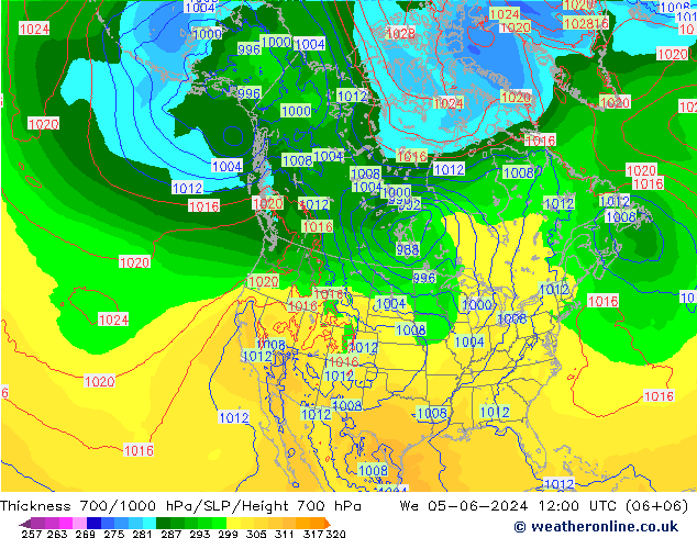 Espesor 700-1000 hPa ECMWF mié 05.06.2024 12 UTC