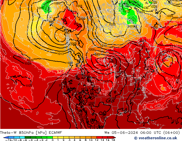 Theta-W 850hPa ECMWF śro. 05.06.2024 06 UTC