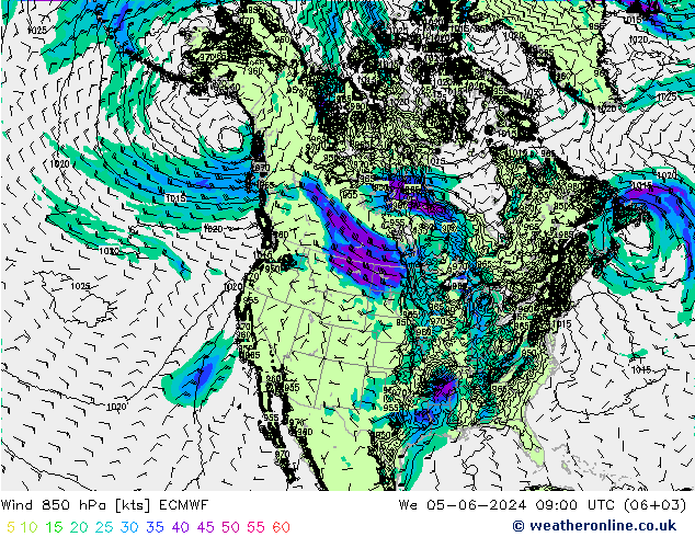 wiatr 850 hPa ECMWF śro. 05.06.2024 09 UTC