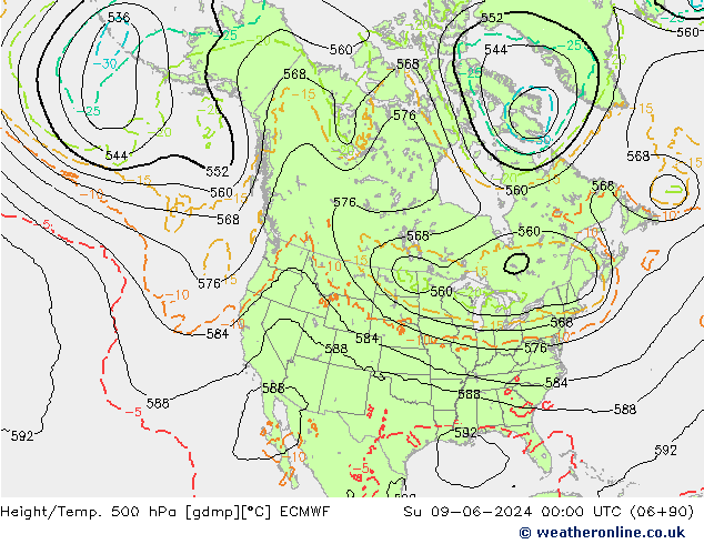 Height/Temp. 500 hPa ECMWF So 09.06.2024 00 UTC