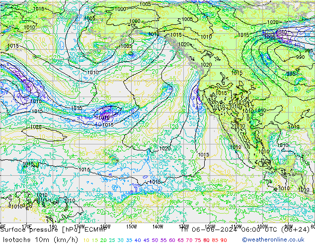 Isotachen (km/h) ECMWF Do 06.06.2024 06 UTC