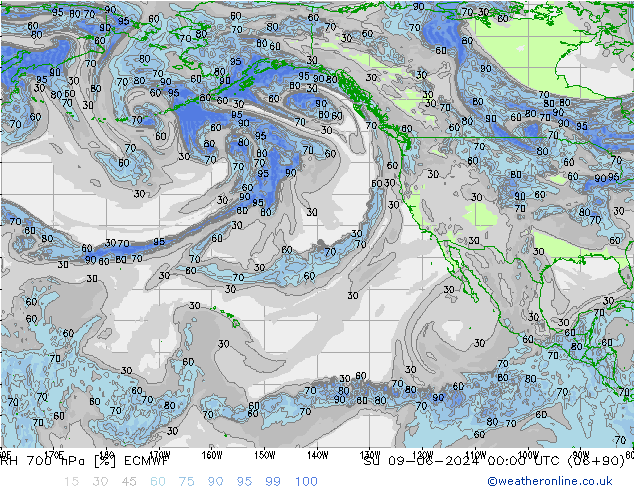 RH 700 hPa ECMWF nie. 09.06.2024 00 UTC