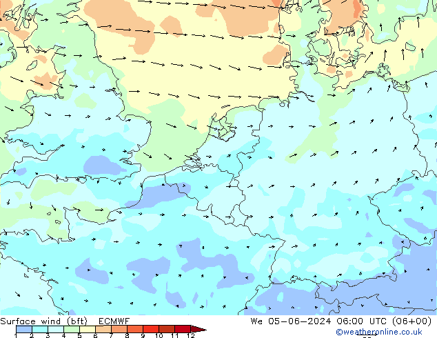 Surface wind (bft) ECMWF We 05.06.2024 06 UTC