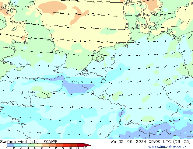 Bodenwind (bft) ECMWF Mi 05.06.2024 09 UTC