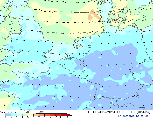 Vento 10 m (bft) ECMWF Qui 06.06.2024 06 UTC