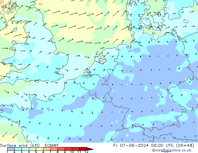 Vento 10 m (bft) ECMWF Sex 07.06.2024 06 UTC