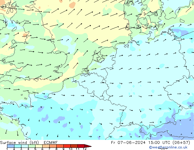 Surface wind (bft) ECMWF Fr 07.06.2024 15 UTC