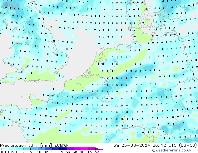 Precipitation (6h) ECMWF We 05.06.2024 12 UTC