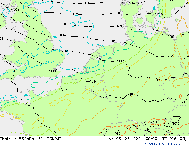 Theta-e 850hPa ECMWF mer 05.06.2024 09 UTC