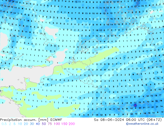 Nied. akkumuliert ECMWF Sa 08.06.2024 06 UTC