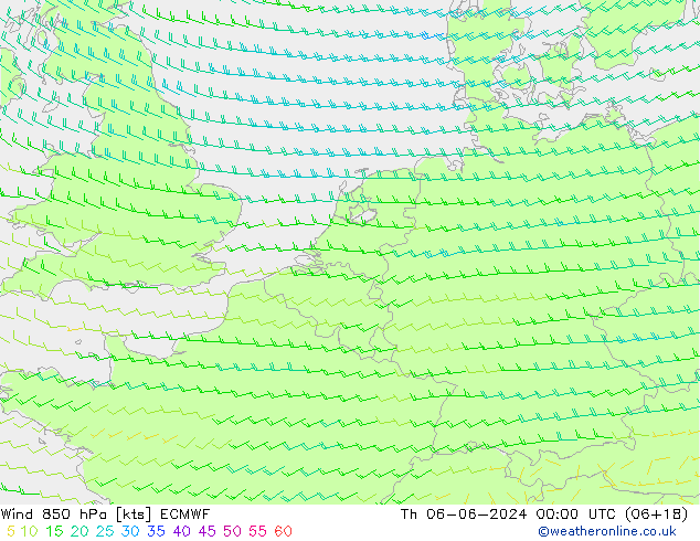 Viento 850 hPa ECMWF jue 06.06.2024 00 UTC