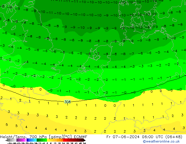 Height/Temp. 700 hPa ECMWF Fr 07.06.2024 06 UTC