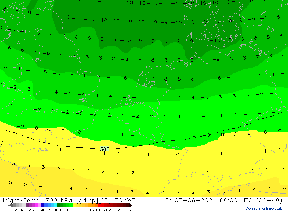 Height/Temp. 700 hPa ECMWF ven 07.06.2024 06 UTC