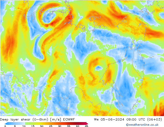 Deep layer shear (0-6km) ECMWF mié 05.06.2024 09 UTC