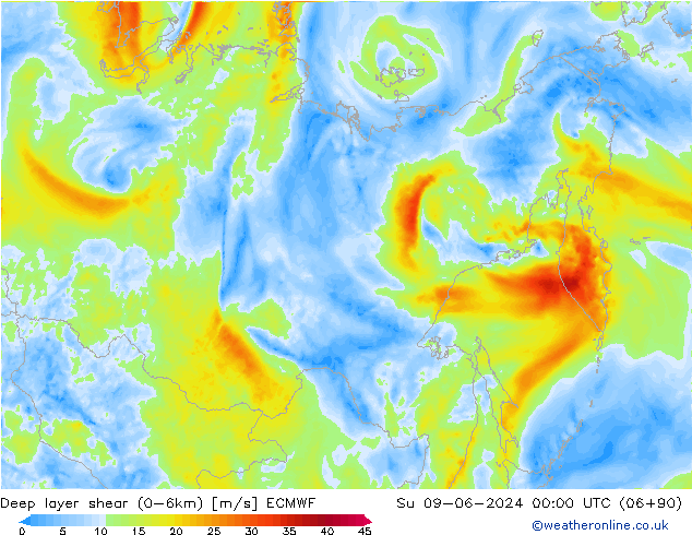 Deep layer shear (0-6km) ECMWF Ne 09.06.2024 00 UTC