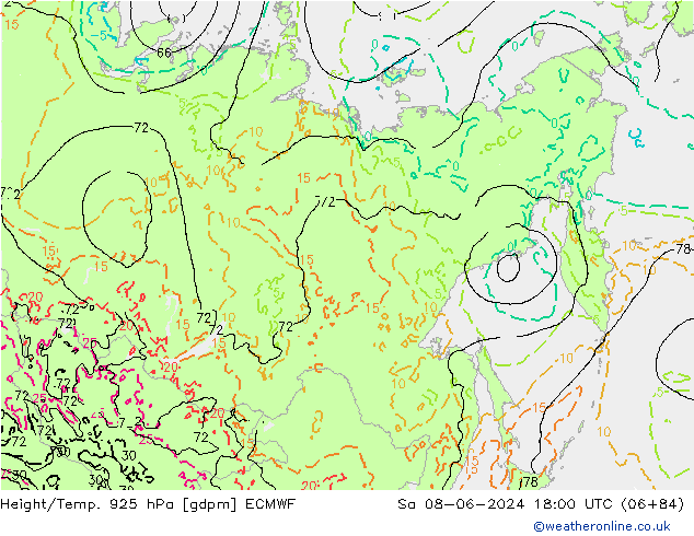 Height/Temp. 925 hPa ECMWF so. 08.06.2024 18 UTC