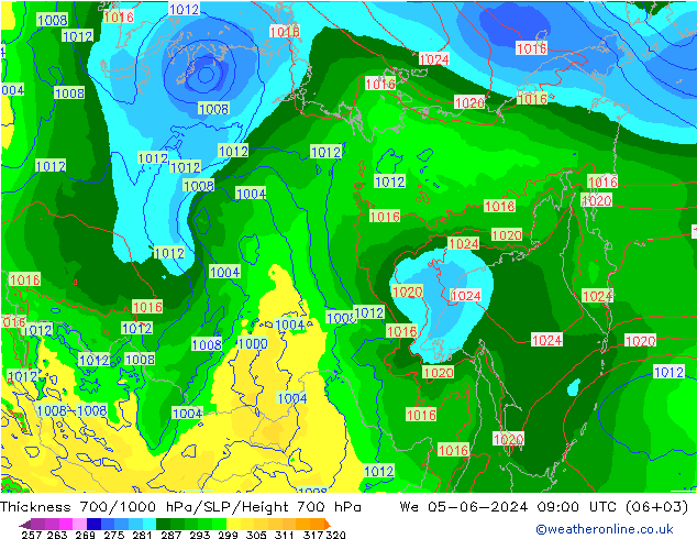 Schichtdicke 700-1000 hPa ECMWF Mi 05.06.2024 09 UTC