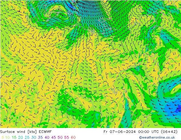 ветер 10 m ECMWF пт 07.06.2024 00 UTC