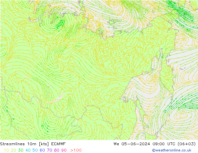 Streamlines 10m ECMWF We 05.06.2024 09 UTC