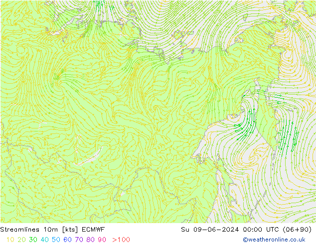 Streamlines 10m ECMWF Su 09.06.2024 00 UTC