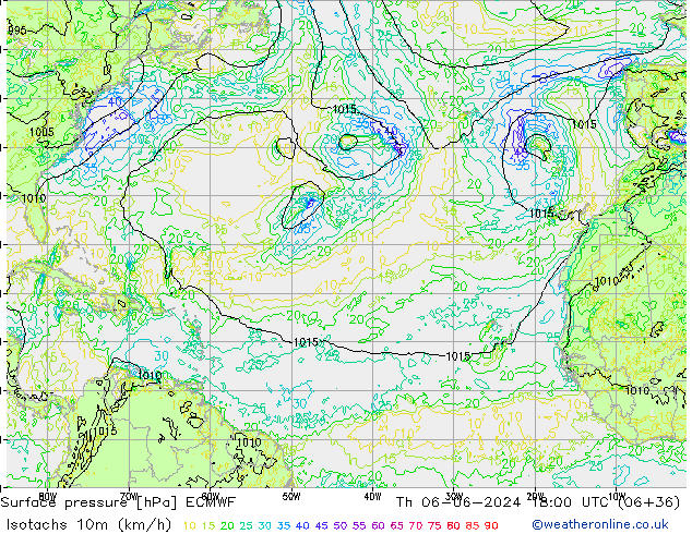 Isotachs (kph) ECMWF Qui 06.06.2024 18 UTC