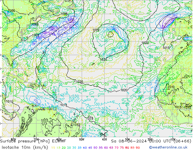 Isotachs (kph) ECMWF  08.06.2024 00 UTC