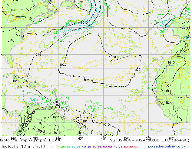 Isotachs (mph) ECMWF Вс 09.06.2024 00 UTC