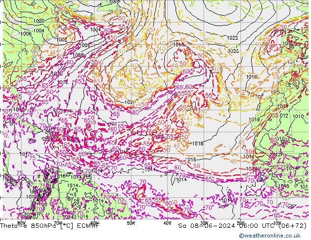 Theta-e 850hPa ECMWF Sa 08.06.2024 06 UTC